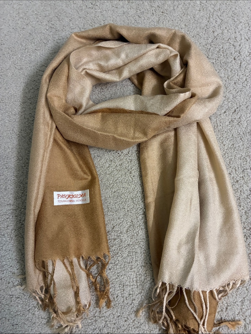 pashmina Gold and Cream Two-Tone Shimmer Scarf 70% pashmina 30% silk 27*67